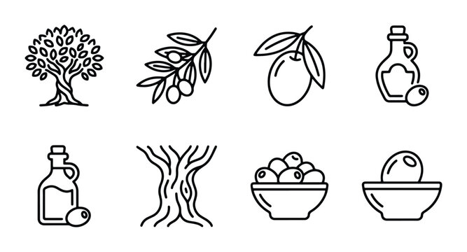 Olive Tree Icons, Olive Branch Vector Graphics, Olive Oil Bottle Illustrations, Mediterranean Food Elements, Organic Produce Symbols, Healthy Ingredient Line Art