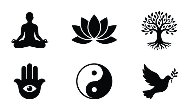 Spiritual Symbols Vector Icons: Meditation, Lotus Flower, Tree of Life, Hamsa Hand, Yin Yang, Peace Dove, Holistic Wellness, Zen Concepts, Mindfulness Graphics
