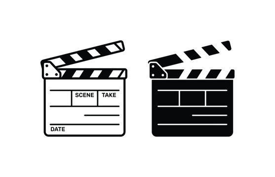 Film Clapperboard Icons, Black and White Movie Production Slate, Cinema Scene Marker Set, Vector Graphics for Filmmaking and Entertainment