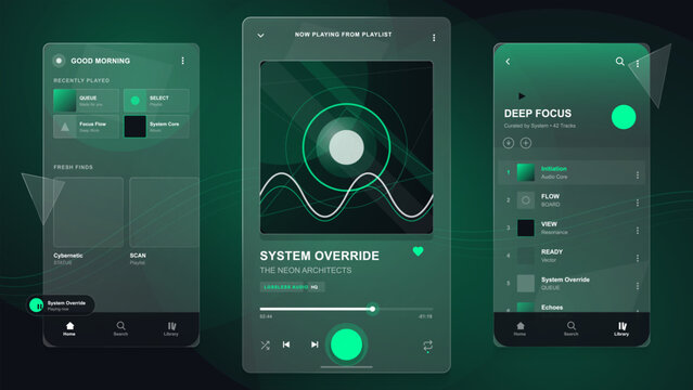 Dark music streaming app mockup with three mobile screens showing audio player, playlist library, waveform artwork and neon green controls