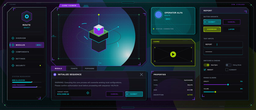 Dark futuristic web UI kit with sidebar menu, core viewer 3D cube, modal dialog, report form, buttons, sliders, switches and properties panels