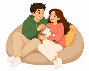 Obraz premium Happy couple petting cat on bean bag chair