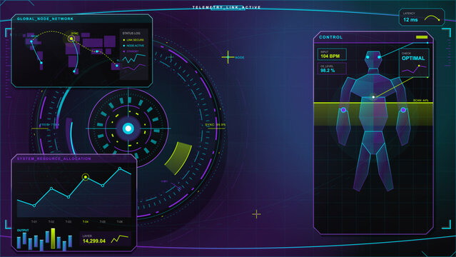 Futuristic HUD interface with circular scanner, global node network, resource charts, and humanoid body scan in neon cyan purple on dark grid