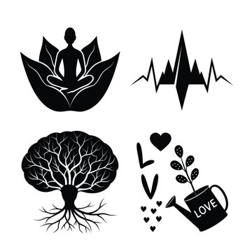 Mental health and wellness concept vector icons set with yoga meditation brain tree life pulse and growing love plant