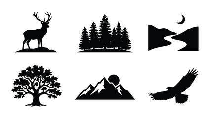 Black Silhouette Nature Icons: Deer, Forest, Mountains, River, Oak Tree, Eagle, Moon, Sun - Vector Graphics for Outdoor Themes © Saimon