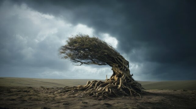 Gnarled Lone Tree With Exposed Roots Bending Against Stormy Sky