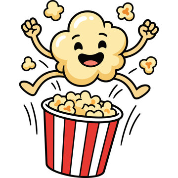 A joyful cartoon popcorn character jumps excitedly above a striped bucket filled with freshly popped popcorn pieces.