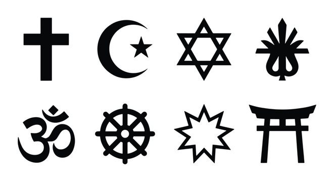 Diverse Religious Symbols Collection, Christianity Cross, Islam Crescent, Judaism Star, Buddhism Wheel, Hinduism Om, Shinto Torii Gate, Vector Icons