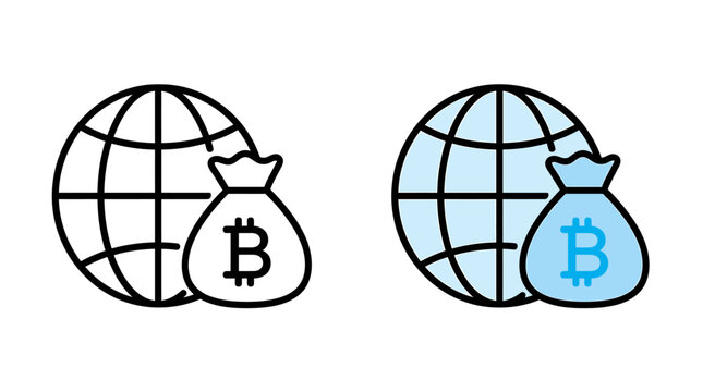 Bitcoin money bag and globe icons in black and blue colors