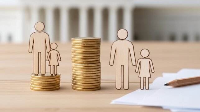 Conceptual illustration of income gap and financial disparity between man and woman with paper cutout family figures standing on different height gold coin stacks on wooden table