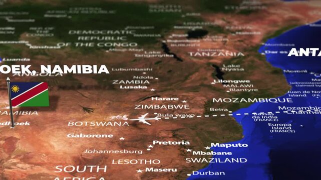 Flight From Antananarivo MADAGASCAR to Windhoek NAMIBIA with flag pins