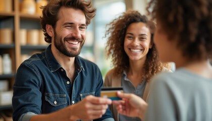 Fototapeta premium Smiling man pays with credit card. Woman nearby smiles too. They interact at a store counter. Purchase is made with bank card. Happy customer service.