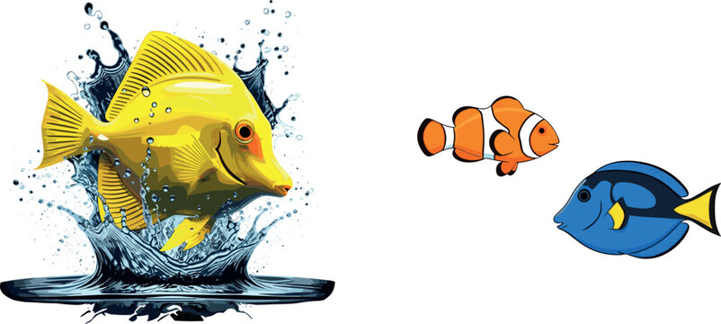 Tropical Aquarium Fish Collection Featuring Yellow Tang Clownfish and Blue Tang Marine Wildlife Vector Illustration Set