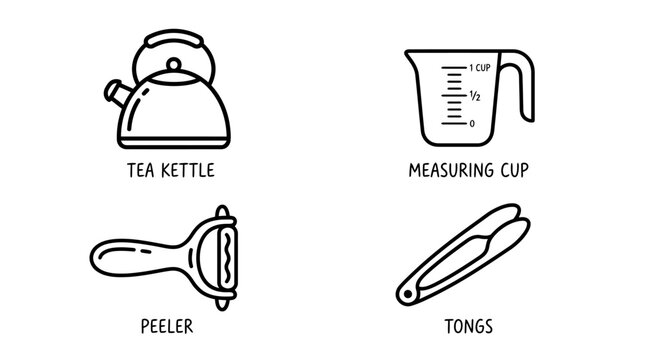 Minimalist collection of essential tea preparation tools including kettle cup peeler and tongs for kitchen use