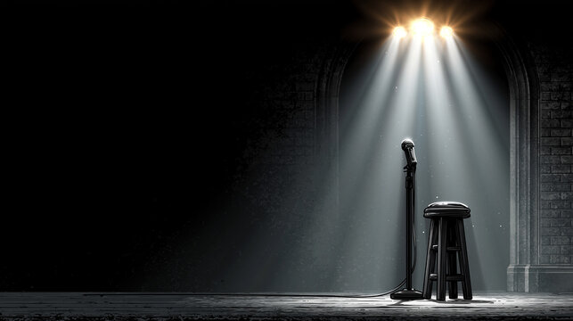 Spotlight illuminating a single microphone on a stage in a dark atmospheric room performance art