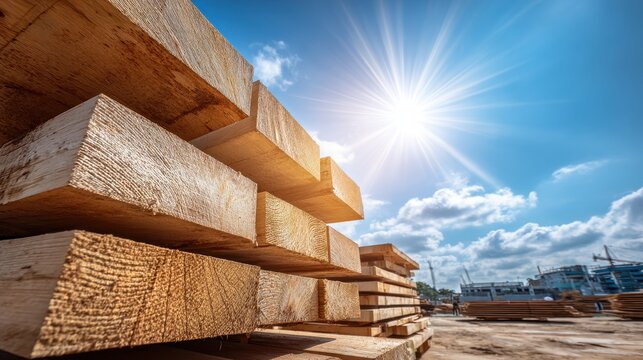 Stack of Raw Unvarnished Wooden Planks Under Bright Sunlight and Blue Sky