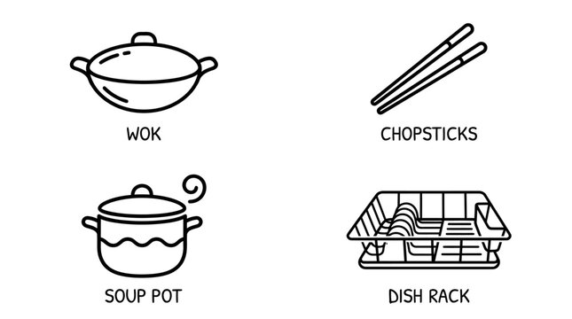 Simple Line Art Illustration of Cooking Utensils and Kitchenware including wok chopsticks soup pot and dish rack