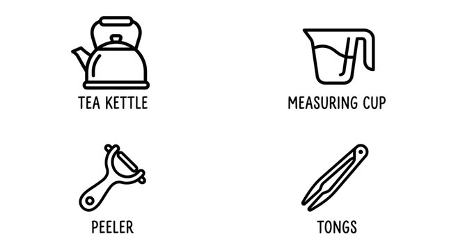Minimalist Line Art Icons Depicting Essential Tea Preparation Tools for a Cozy Kitchen Scene