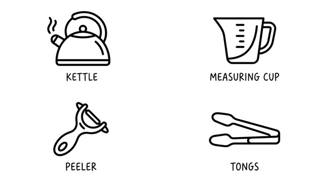 Simple kitchen utensil icons including kettle measuring cup peeler and tongs in minimal line art style suitable for