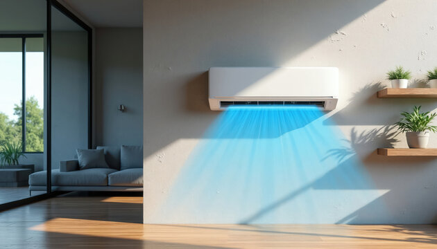 Modern split air conditioner unit cools minimalist living room interior. Blue air streams from ac unit fill room, creating comfortable temperature. Natural light streams through large windows onto