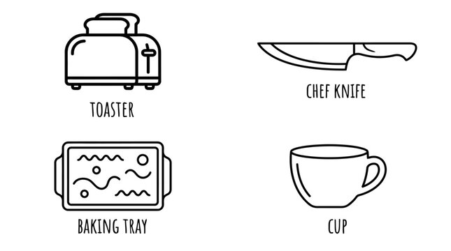 Basic kitchen utensil icons including toaster chef knife baking tray and cup for domestic cooking and food preparation activities