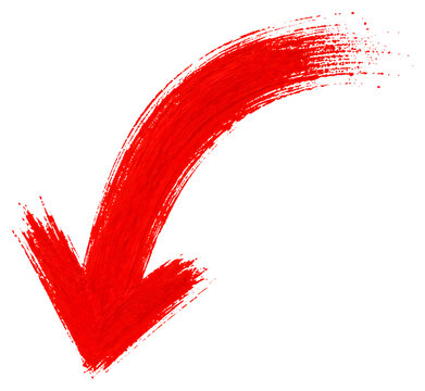 Hand Painted Red Brush Arrow Curving Left and Down on Transparent Background