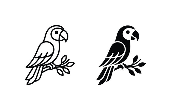 Minimalist Parrot Icons, Tropical Bird Vector Graphics, Exotic Avian Silhouette Set, Simple Line Art and Solid Fill Designs