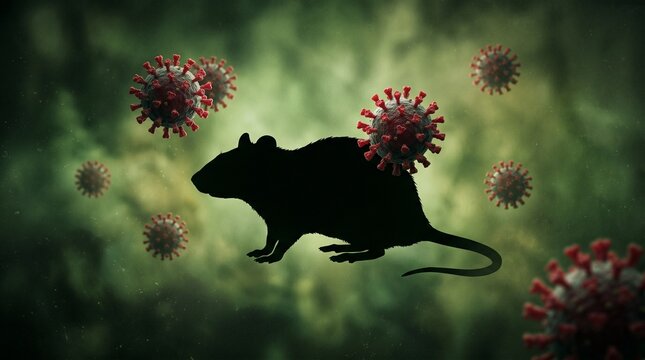A chilling depiction of a rat silhouette amidst a swirling cloud of deadly, crimson viruses. Illustrating the spread of infection.