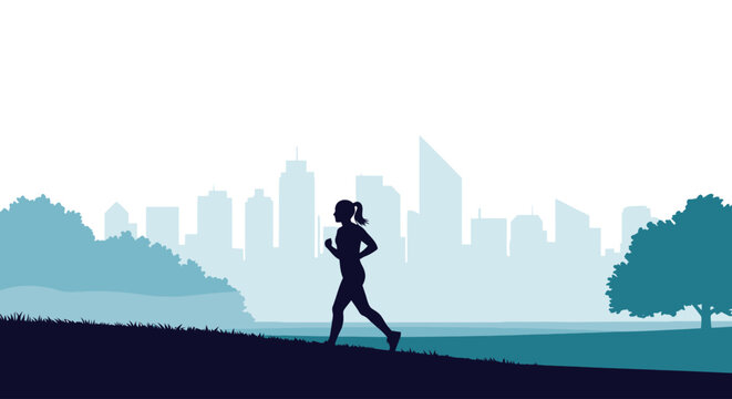 Silhouette of runner jogging in city park at dawn