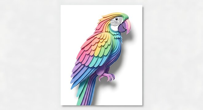 Vibrant multicolored rainbow parrot illustration with gradient feathers standing on one leg