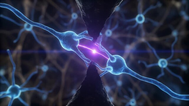 The New Connection. A photorealistic 3D macro shot. Two glowing blue neuron tendrils (synapses) are slowly reaching across a dark gap towards each other.
