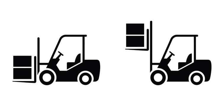 Forklift Truck icon with warehouse cargo lifting machine, operator silhouettes and heavy box unloading transport equipment design.