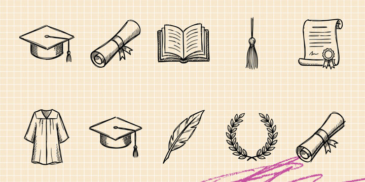 Black ink scribble doodle vector vintage hand drawn set of graduation diploma university academic cap and education
