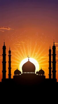 Silhouette of mosque at sunrise. Glowing sun rising behind dome and minaret. Islamic holiday concept with sparkling sky, religious architecture and morning light. Vertical video