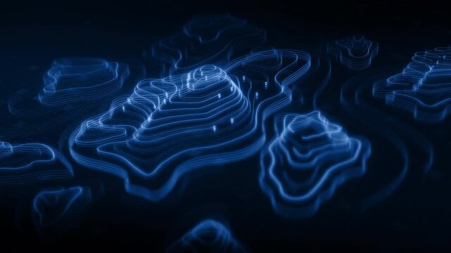 Futuristic digital topographic map with glowing neon contour lines, abstract 3D terrain visualization, modern data technology and cyber landscape concept