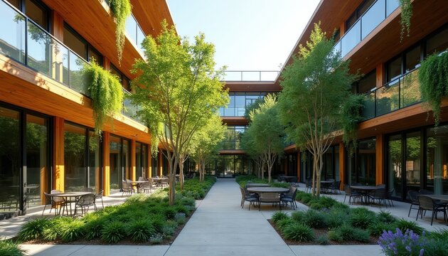 Modern cohousing complex courtyard with seating areas. Buildings feature wood accents, glass balconies, and hanging plants. Rich greenery and trees line pathway between apartments.