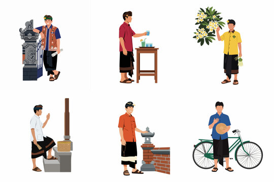 Illustrations of Balinese men in traditional clothing engaging in various daily activities and cultural scenes on a white background.