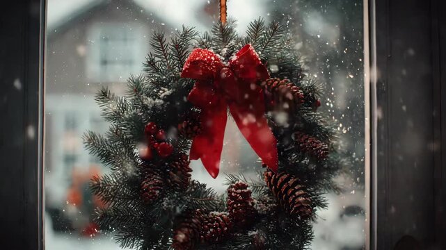 Christmas wreath with red bow in falling snow