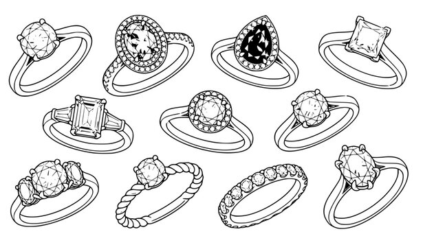 Elegant diamond engagement ring vector collection with solitaire halo oval pear and princess gemstone settings