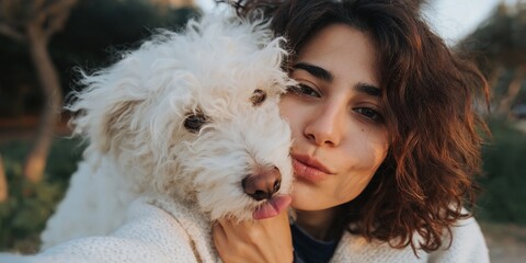 Fototapeta premium Young woman cuddling white dog on outdoor trail near trees