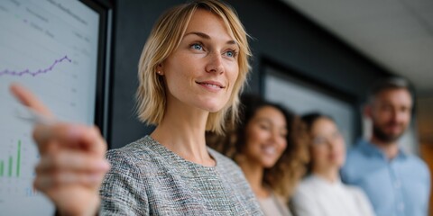 Fototapeta premium Businesswoman presenting and pointing with team in modern office