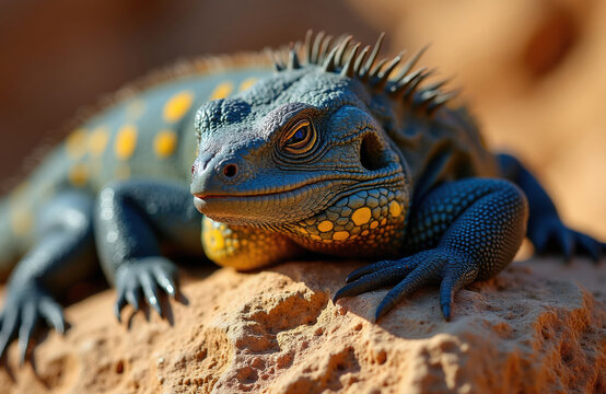 Ornate mastigure lizard rests on sand rock. Reptile has rough textured skin with yellow spots. Wildlife creature looks intently with sharp eyes. Vertebrate poses calmly in its dry habitat.