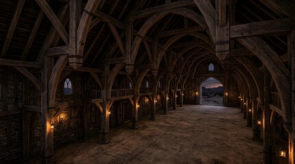 Obraz premium Abandoned Industrial Warehouse Interior with Gothic Archway