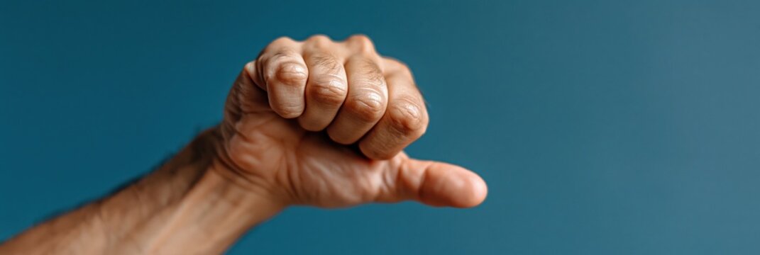 Hands forming thumbs sideways against blue studio background