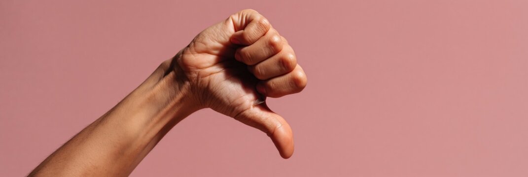 Closeup hand giving thumbs down against pink backdrop