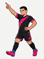 Obraz premium A cartoon illustration of a confident male football athlete wearing black and pink uniform, pointing upward with one hand and placing the other on his waist.