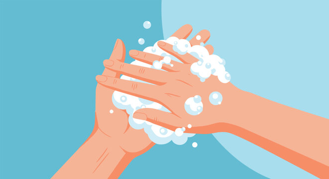 Two hands are being thoroughly washed with white soapy bubbles against a clean blue and white circular background.