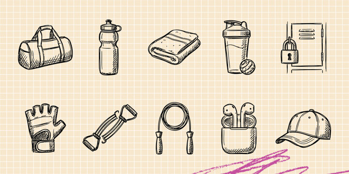 Black ink scribble doodle vector vintage hand drawn set of sport fitness gym exercise dumbbell and active lifestyle