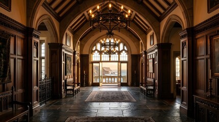 Obraz premium Grand historic interior with archway view of ocean sunset