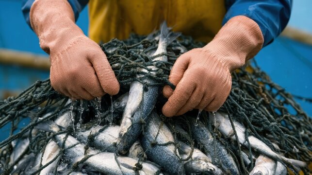 Fisherman wearing protective gloves handling fresh fish caught in fishing net on boat preparing catch for processing or sale
